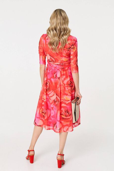 Izabel London – Floral Mesh Ruched Midi Faux Wrap Dress